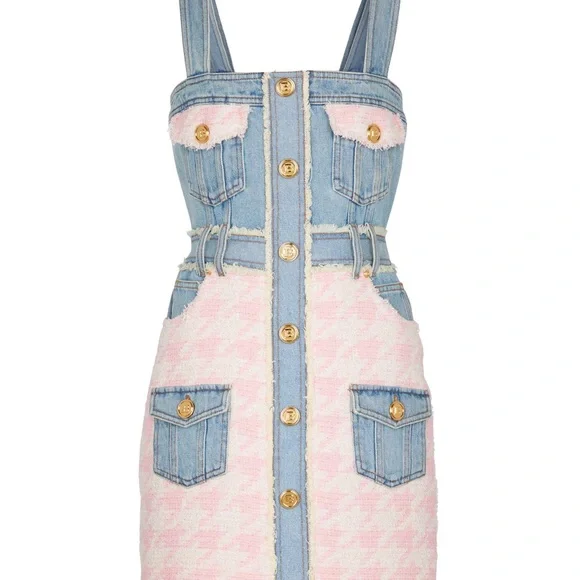 Balmain Paris Denim & Pink Tweed Houndstooth Mini Dress with Gold Buttons - Picture 3 of 13